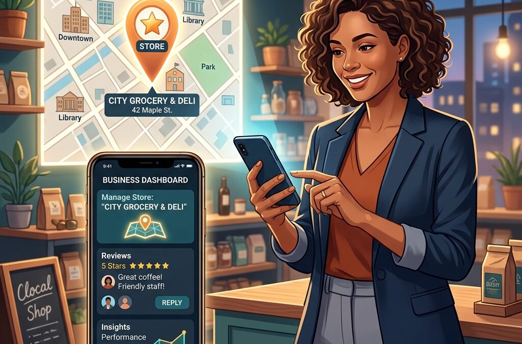 Small-business owner managing their store location, reviews, and customer insights on a smartphone with a local map in the background